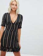 Parisian V-neck Stripe Print Dress With Frill Details - Multi