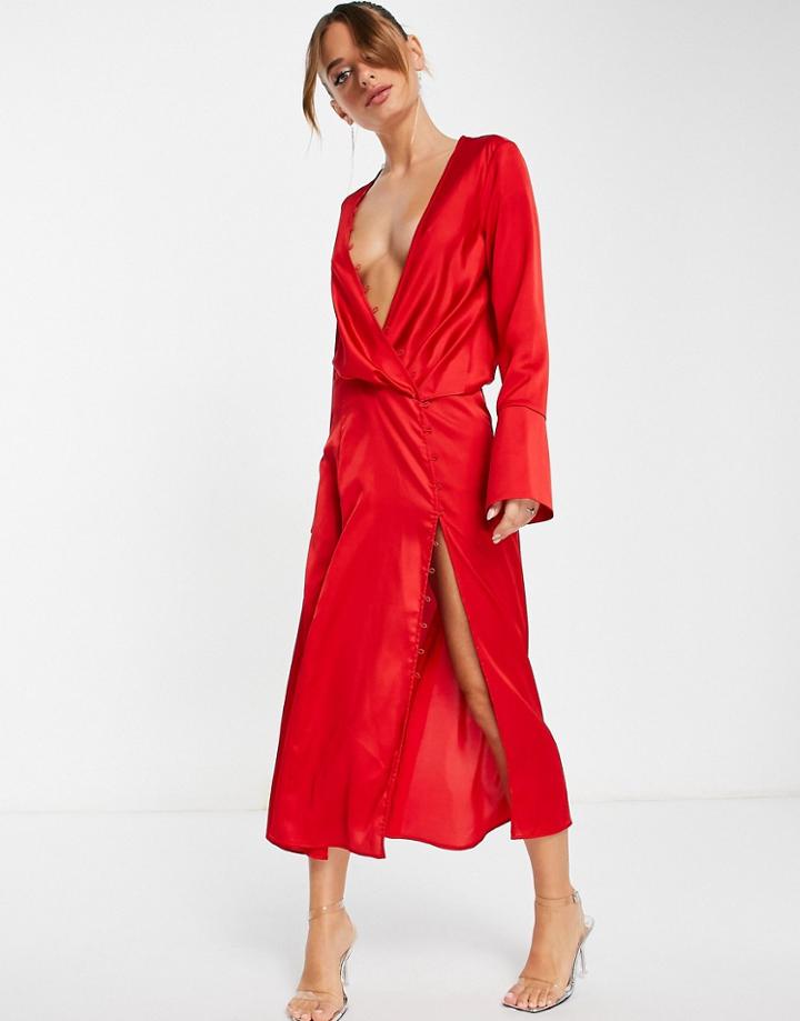Asos Design Satin Bias Cut Drape Midi Dress With Button Detail In Red
