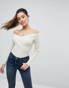 Missguided Knitted Cross Front Bardot Top - Cream
