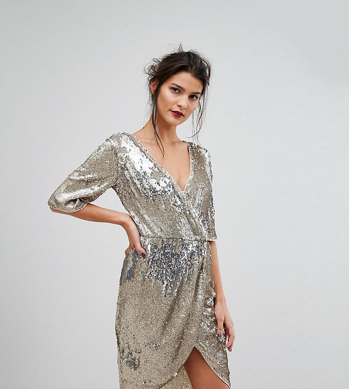 Tfnc Wrap Over Sequin Midi Dress - Gold