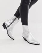 Asos Design Autumnal Leather Western Boots In Silver - Silver