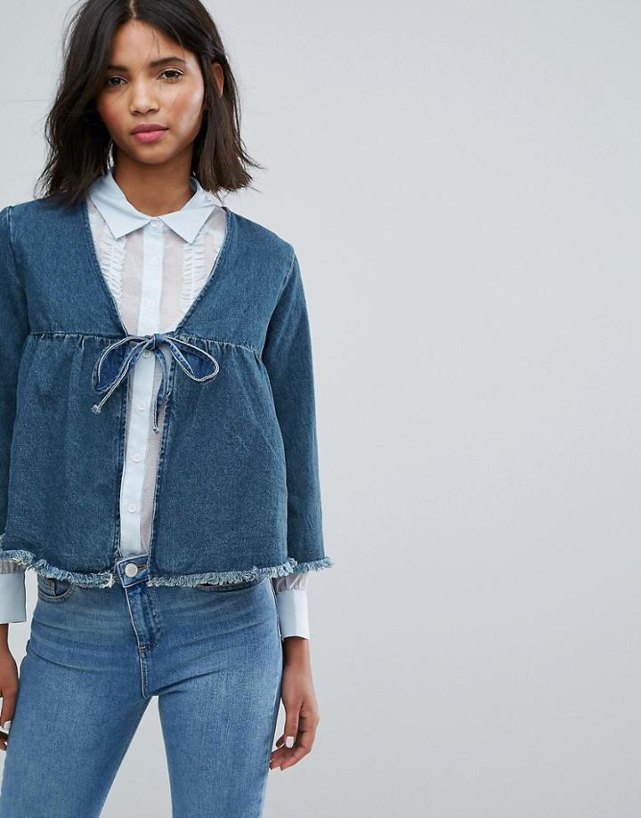 Lost Ink Cropped Denim Jacket With Bow - Blue