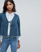 Lost Ink Cropped Denim Jacket With Bow - Blue