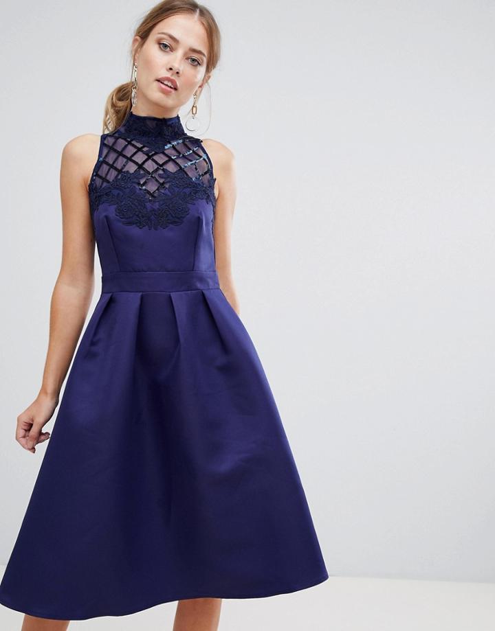 Little Mistress High Neck Prom Dress With Floral Applique And Sequin Detail - Navy