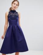 Little Mistress High Neck Prom Dress With Floral Applique And Sequin Detail - Navy