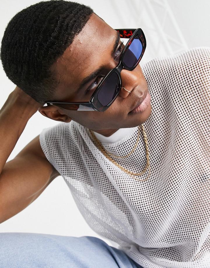 Asos Design Mid Rectangle Sunglasses With Blue Lens In Tortoiseshell - Brown