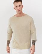 Asos Design Relaxed T-shirt With 3/4 Sleeve And Boat Neck In Beige - Beige
