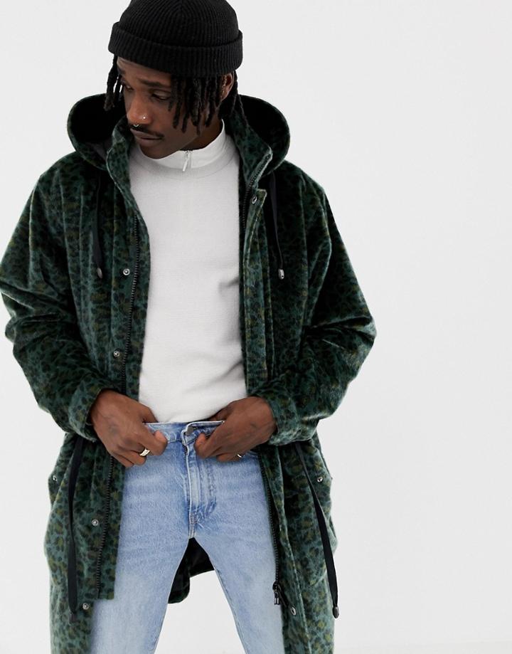Asos Design Longline Parka With Faux Fur Leopard Print-green