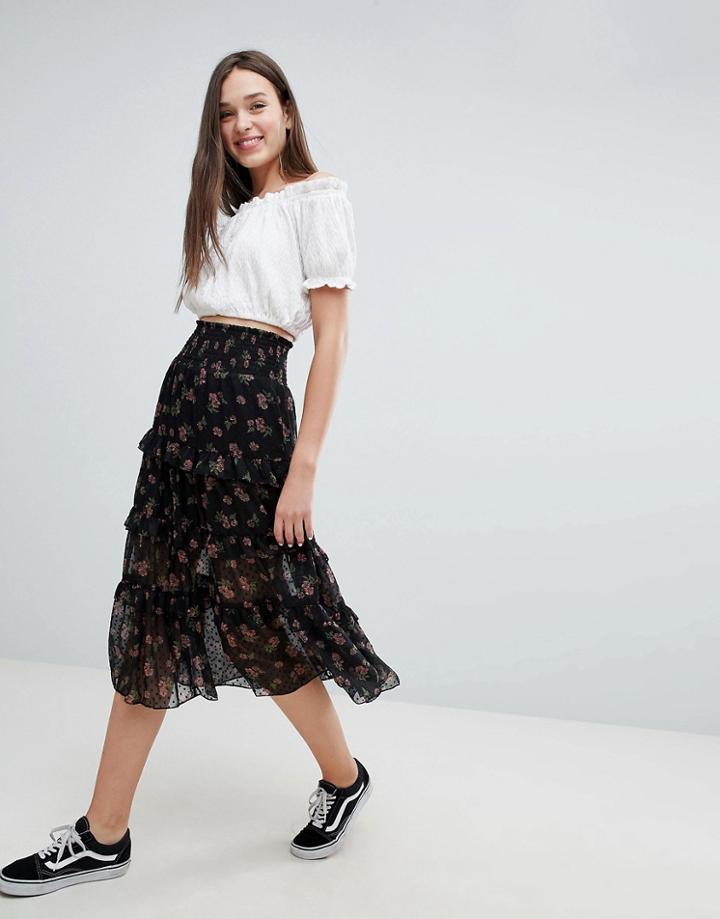 Asos Design Tiered Midi Skirt With Shirred Waistband In Floral Print - Multi