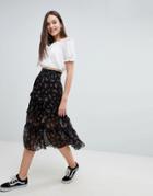 Asos Design Tiered Midi Skirt With Shirred Waistband In Floral Print - Multi