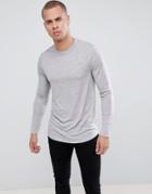 Asos Design Longline Long Sleeve T-shirt With Curved Hem In Linen Mix Fabric In Gray - Gray
