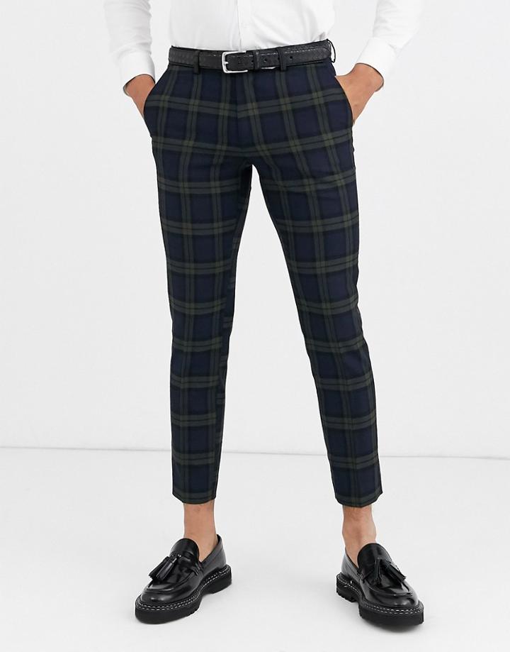 Moss London Smart Pants In Navy Plaid