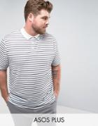 Asos Plus Relaxed Polo Shirt In Linen Look Stripe Fabric - White