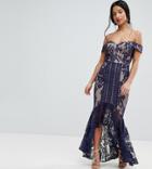 Jarlo Petite All Over Lace Off Shoulder Fishtail Midaxi Dress - Navy