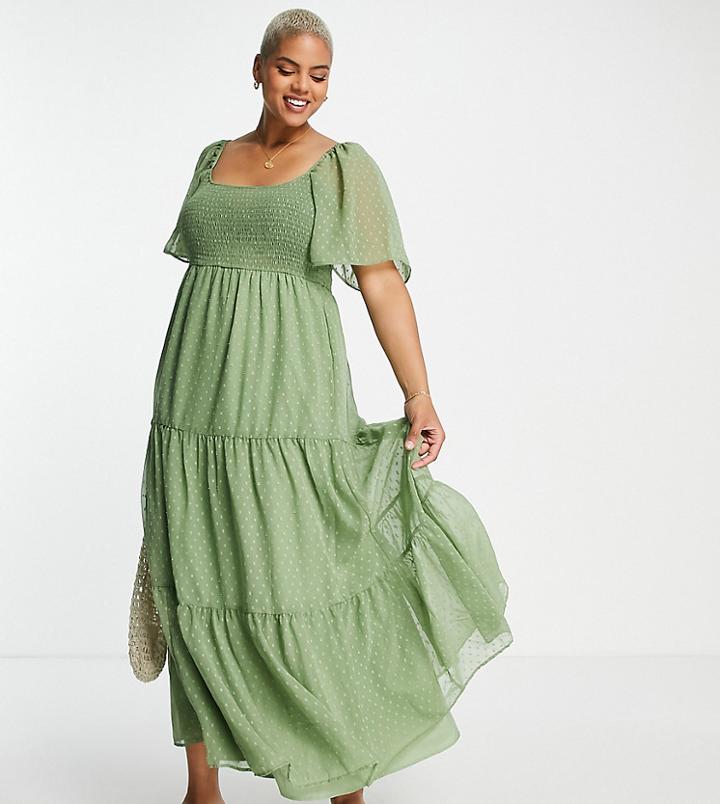 Asos Design Curve Scoop Neck Textured Maxi Dress With Raw Edge In Khaki-green
