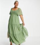 Asos Design Curve Scoop Neck Textured Maxi Dress With Raw Edge In Khaki-green