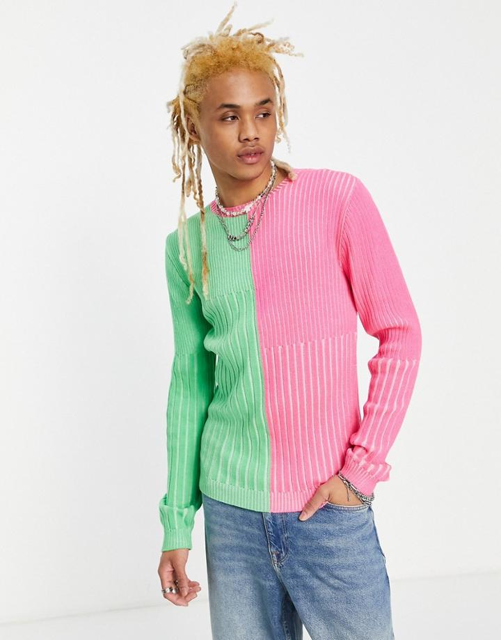 Asos Design Knit Muscle Fit Ribbed Sweater In Neon Pink & Green-multi