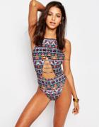 Jaded London Printed Cut Out Strap Swimsuit - Multi