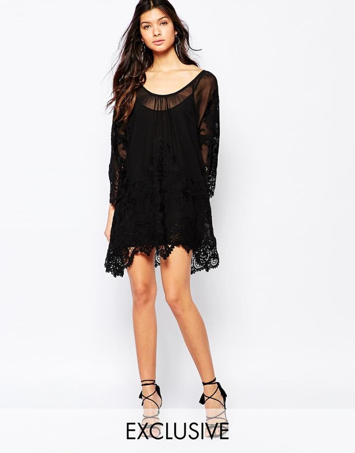 White Sand Crochet Mini Swing Dress With Lace Inserts - Black