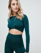Prettylittlething Knot Front Long Sleeve Slinky Top In Green - Green