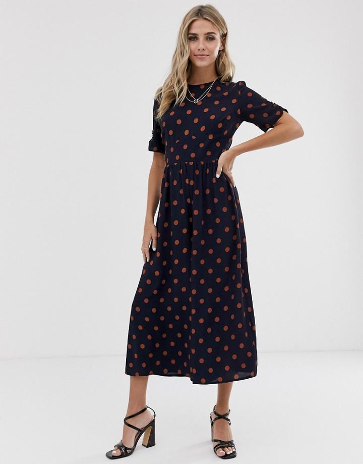 Asos Design Tea Jumpsuit With Ruched Sleeve Detail In Navy Polka Dot - Multi