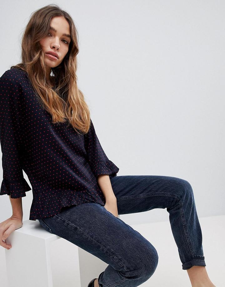 Jdy Polka Dot Blouse With Ruffle Sleeve - Navy
