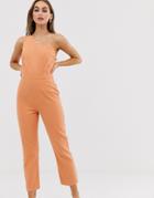 Asos Design Denim One Shoulder Jumpsuit In Washed Coral - Orange