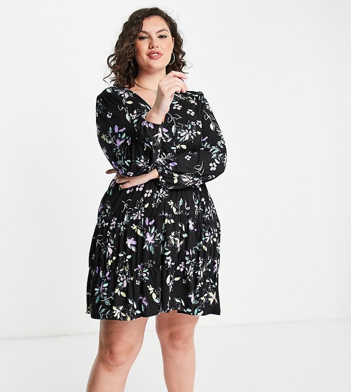 Simply Be Tiered Wrap Front Skater Dress In Floral Print-multi