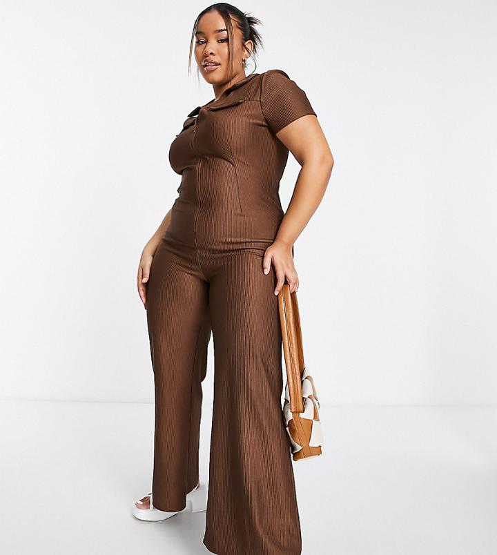 Asos Design Curve Collar Zip Front 70s Rib Jumpsuit In Brown