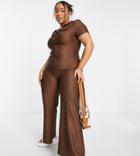 Asos Design Curve Collar Zip Front 70s Rib Jumpsuit In Brown