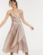 Asos Design Textured Wrap Cami Midi Dress With Drape Asymmetric Detail - Beige