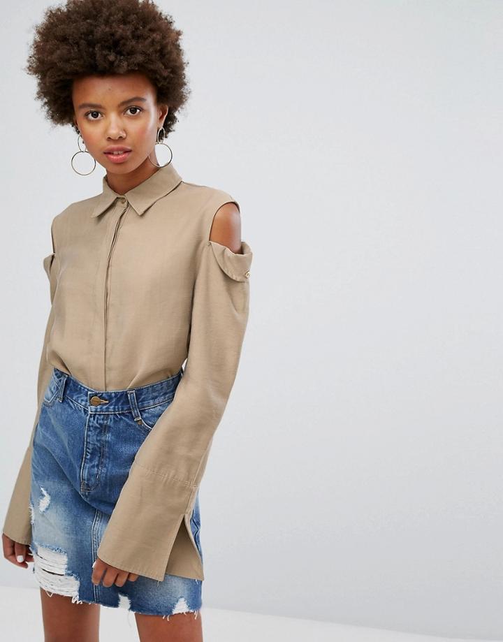 Evidnt Cold Shoulder Shirt - Beige