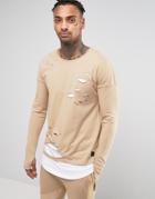 Black Kaviar Layered Longline Long Sleeve T-shirt With Distressing - Beige