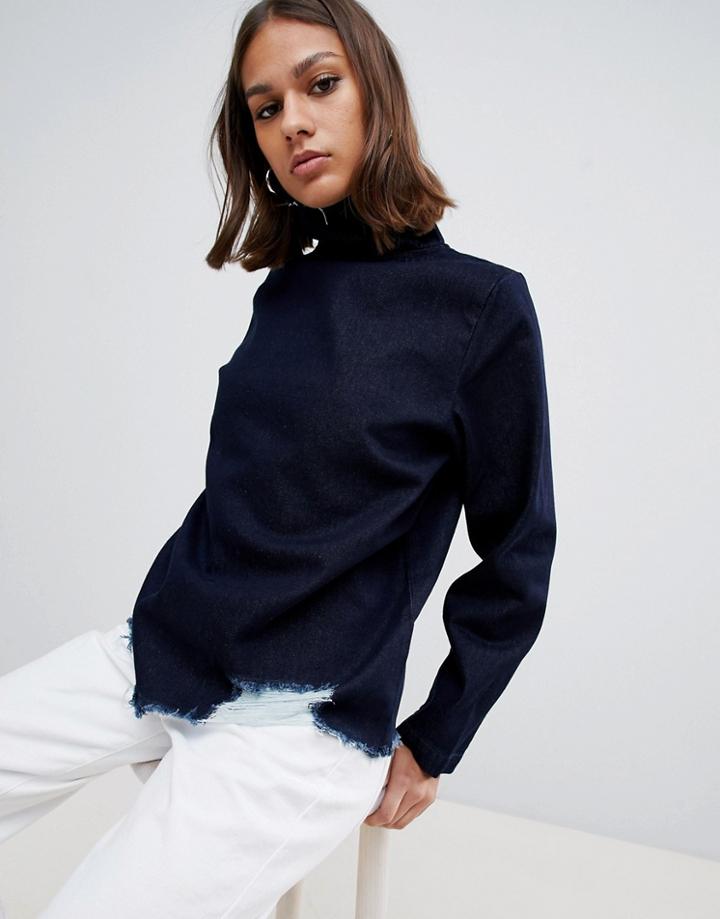 Waven Eleni Destroyed Denim Funnel Neck Top - Navy