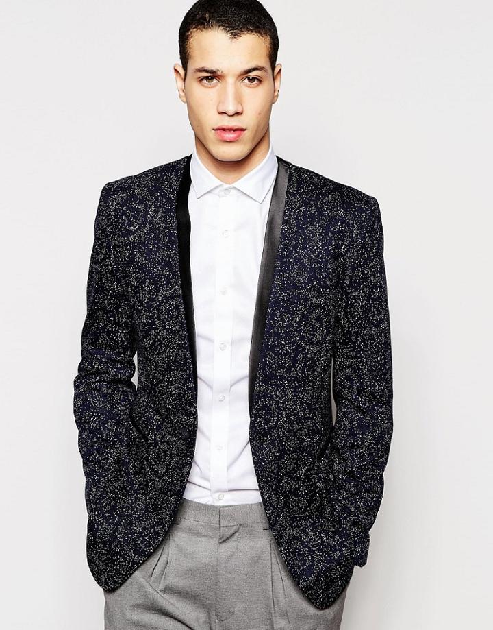 Asos Skinny Blazer With Satin Shawl - Navy