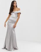 Dolly & Delicious Bardot Maxi Dress With Fishtail In Silver Satin - Silver