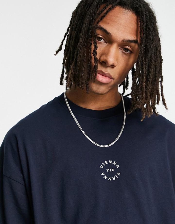 Topman Extreme Oversized T-shirt With High Build Vienna Print In Navy-blue