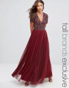 Maya Tall V Neck Maxi Tulle Dress With Tonal Delicate Sequins - Red