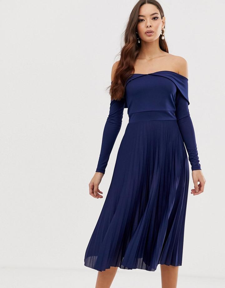 Asos Design Pleated Bardot Midi Dress - Navy