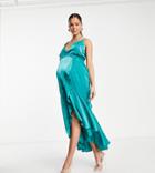 Flounce London Maternity Satin Wrap Front Midi Dress In Emerald Green
