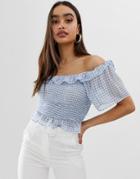 Fashion Union Bardot Ruched Crop Top In Gingham - Blue