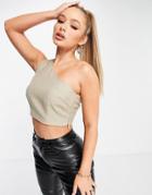 In The Style One Shoulder Crop Top In Stone-neutral