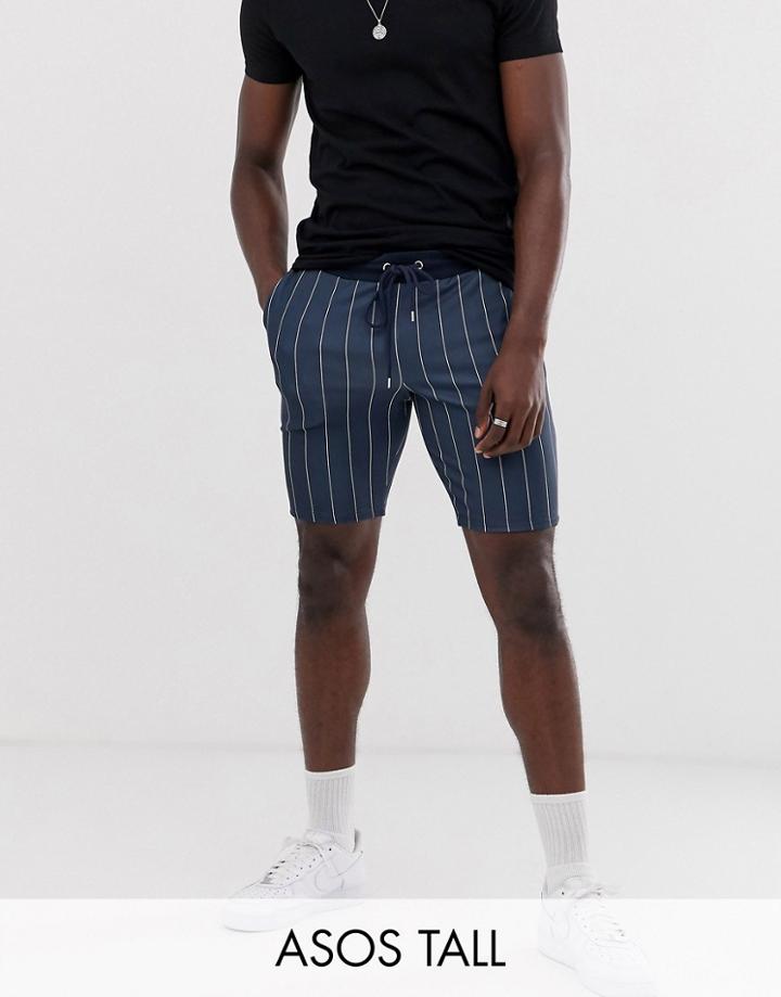 Asos Design Tall Poly Tricot Skinny Shorts With Navy Pin Stripe