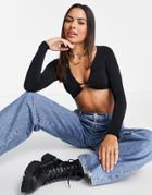 Pull & Bear Super Cropped Long Sleeved Cut Out Halterneck Top In Black