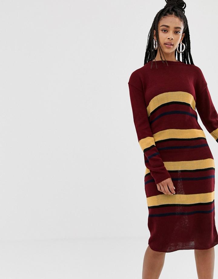 Daisy Street Midi Sweater Dress In Knitted Stripe-red