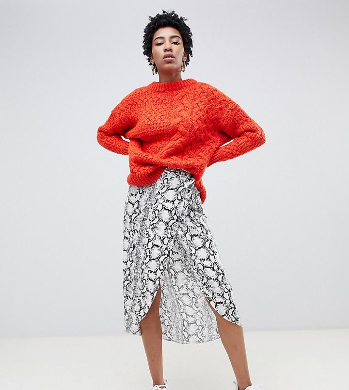 Asos Design Tall Snake Print Wrap Midi Skirt-multi