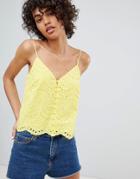Stradivarius Broderie Cami Strap Top In Yellow - Yellow