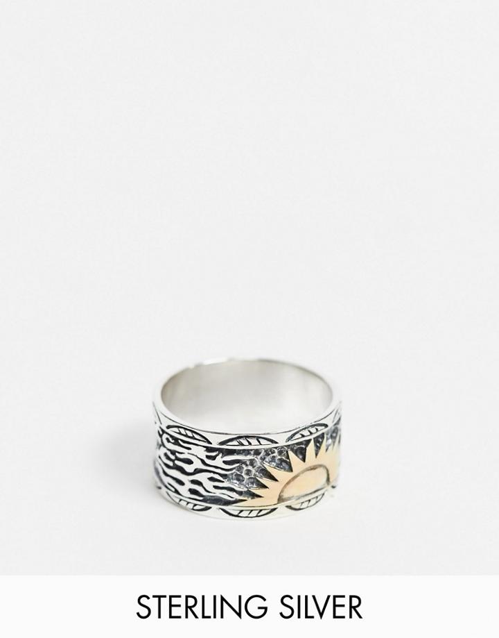 Asos Design Sterling Silver Band Ring With 14k Gold Plated Sun Design In Burnished Silver-multi