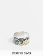 Asos Design Sterling Silver Band Ring With 14k Gold Plated Sun Design In Burnished Silver-multi