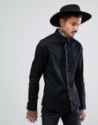 Asos Skinny Twill Shirt With Collar Bar In Black - Black